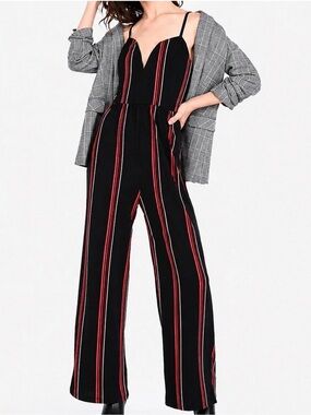 Express, Wide Leg Black Jumpsuit with Red and White Stripes, Size XS